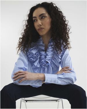 River Island Stripe Long Sleeve Ruffle Shirt Cotton - Blue
