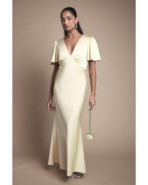 Oasis Deep V Fluted Sleeve Maxi Bridesmaid Dress - Natural