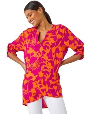 Roman Floral Wrap Hem Tunic Top - Red