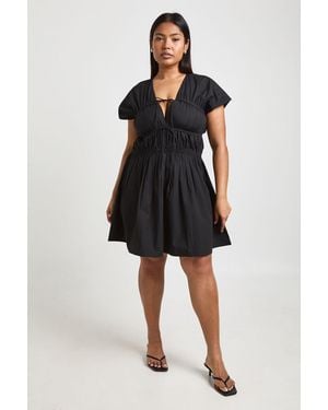 Boohoo Plus Cotton Poplin Shirred Mini Dress - Black