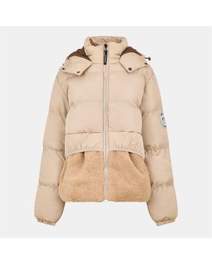 NY Concept Solid Patterned Puffer Jacket With Front Zipper Pocket - Natural