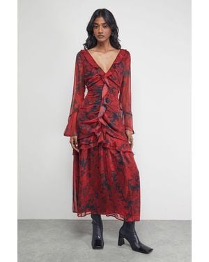 Warehouse Chiffon Ruffle Gathered Bodice Midi Dress