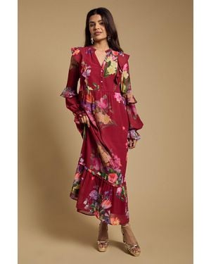 Oasis Petite Long Sleeve Ruffle Chiffon Tiered Maxi Dress