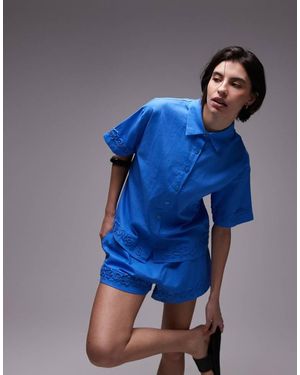 SNDY'S Linen Blend Short Sleeve Flower Applique Detail Shirt Co-Ord - Blue