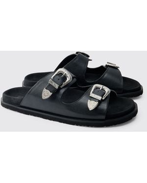 BoohooMAN Faux Suede Double Strap Western Buckle Sandal - Black