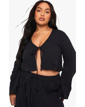 Boohoo Plus Cheesecloth Long Sleeve Tie Front Top - Black