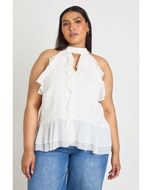 Boohoo Plus Chiffon Halterneck Ruffle Top - White