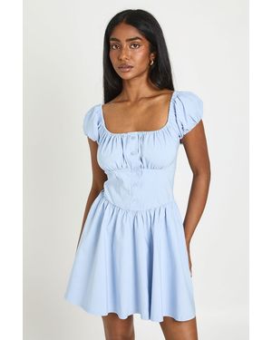 Boohoo Volume Sleeve Milkmaid Mini Dress - Blue