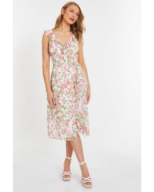 Quiz Chiffon Floral Ruffle Wrap Midi Dress - White