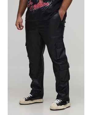 BoohooMAN Plus Leather Look Multi Cargo Stacked Flared Trousers - Black