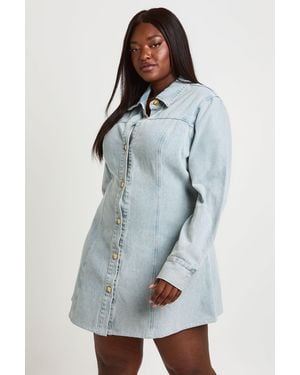 Boohoo Plus Button Cinched Denim Dress - Blue