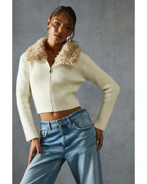 MissPap Knitted Rib Teddy Fur Collar Long Sleeve Zip Up Jumper - Blue