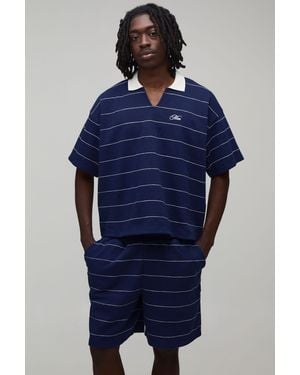 BoohooMAN Oversized Boxy Pique Striped Polo & Relaxed Short Set - Blue
