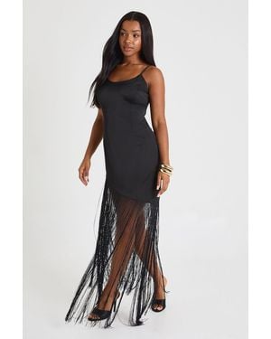 Boohoo Satin Fringe Midaxi Slip Dress - Blue