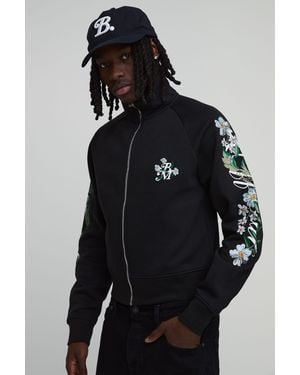 BoohooMAN Funnel Neck Floral Embroidered Track Top - Black