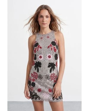 Warehouse Premium Hand Embellished Floral Motif Mini Dress - Grey