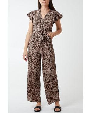Blue Vanilla Leopard Print Wrap Front Frill Sleeve Jumpsuit - Brown