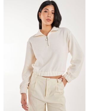 Pink Vanilla High Neck Zip Up Cropped Sweatshirt - White