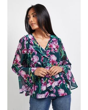 Wallis Petite Floral Ruffle Detail Blouse - Blue