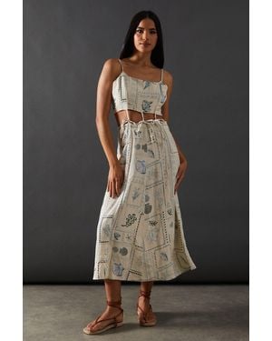 Warehouse Linen Postcard Print Tie Waist Strappy Sundress - Black