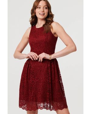 Izabel London Burgundy Lace Layer Sleeveless Short Skater Dress - Red