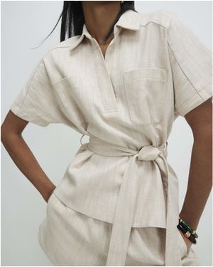 River Island Cream Linen Look Collared Belted Top - Natural