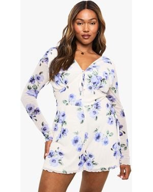 Boohoo Plus Floral Mesh Flippy Romper - White