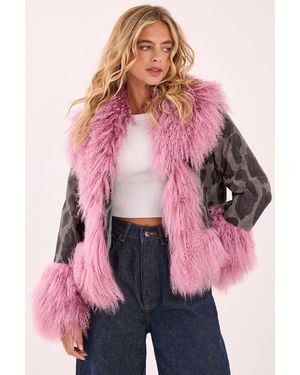 Nasty Gal Premium Shearling Leopard Real Suede Jacket - Pink