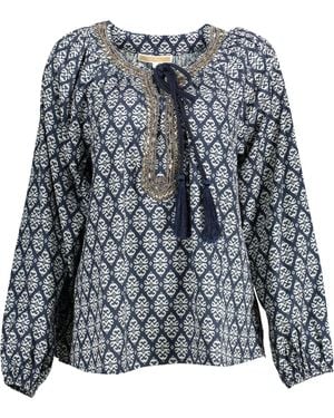Kocca Geometrische Print Blouse Met Lange Mouwen En Beaded Halslijn - Zwart