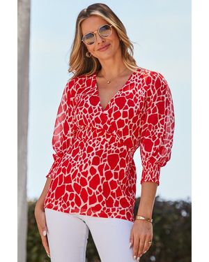 Sosandar Morocco Print Faux Wrap Tunic Top Denim - Red