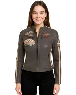 Infinity Leather Vintage Tan Biker Racing Badges Jacket-Dalby - Black
