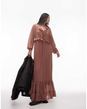 TOPSHOP Long Sleeve Maxi Dress With Pintuck Detail - Brown