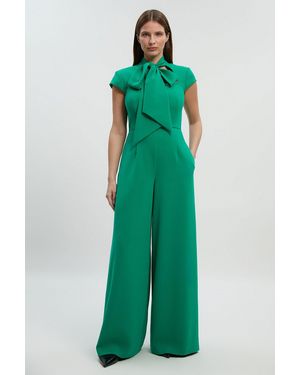 Karen Millen Compact Stretch Bow Tie Neck Tailored Wide Leg Jumpsuit - Green