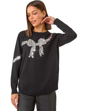 Roman Bow Sequin Detail Knit Jumper - Black