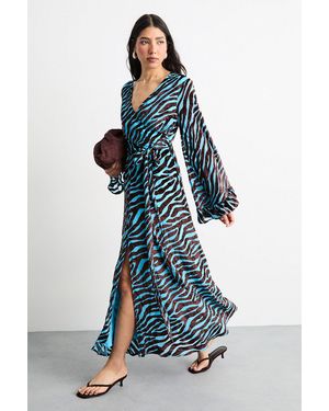 Warehouse Burnout Velvet Plunge Neck Flared Sleeve Belted Maxi Dress - Blue