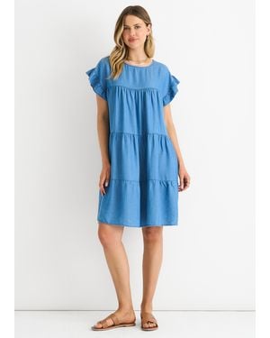 Gini London Denim Chambray Frill Sleeves Flared Mini Dress - Blue