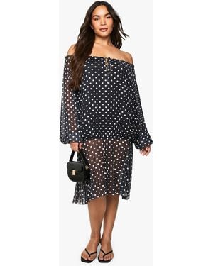 Boohoo Plus Mesh Polka Drop Hem Mini Dress - Black