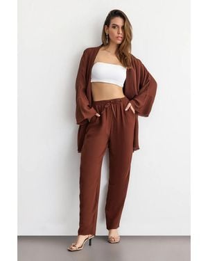Hiccup Muslin High Waist Drawstring Casual Trousers - Red