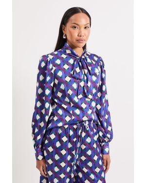 PRINCIPLES Printed Satin Pussybow Blouse - Blue