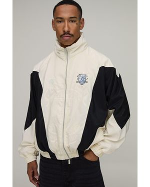 BoohooMAN Oversized Funnel Neck Circa 98 Crest Colour Block Track Jacket - Natural