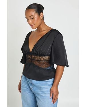 Boohoo Plus Satin Angel Sleeve Lace Panel Top - Blue