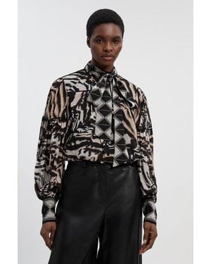 Karen Millen Print Viscose Georgette Balloon Sleeve Woven Blouse - Black