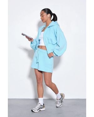 Boohoo Cinched Waist Zip Through Cropped Hooded Short Tracksuit - Blue