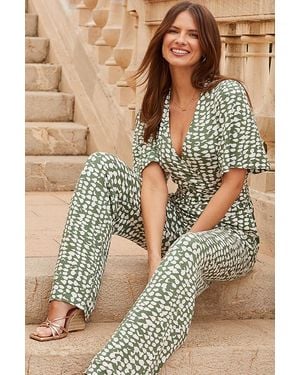 Sosandar Sage & Ivory Geometric Spot Print Belted Jumpsuit - Natural