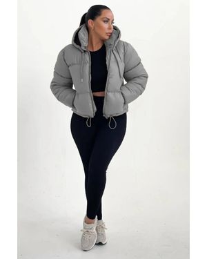 Femme Luxe Hooded Drawstring Cropped Puffer Jacket - Black