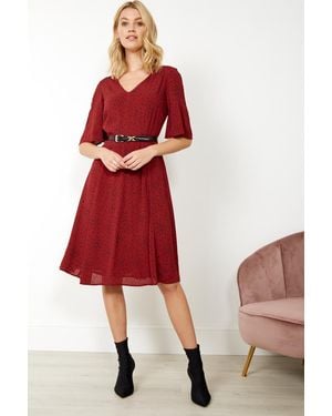 Sosandar Burgundy Spot Print V Neck Dress - Red