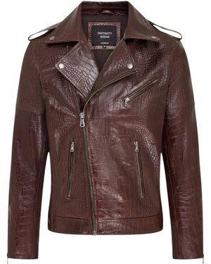 Infinity Leather Cow Alligator Print Embossed Biker Jacket - Brown