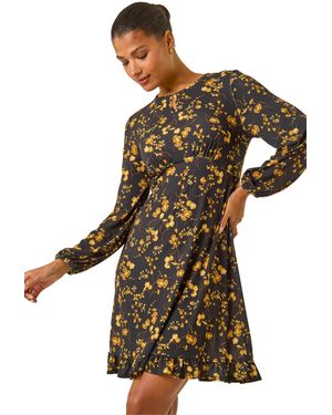 Roman Floral Print Frill Stretch Dress - Metallic