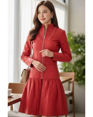 Infinity Leather Ribet Goth Leren Victoriaanse Studd Flare-Jas - Rood