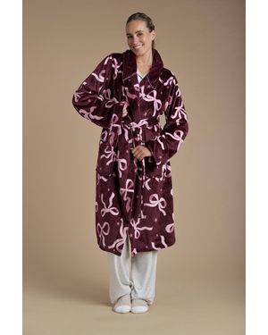Tokyo Laundry Bow Print Fluffy Hooded Dressing Gown - Red